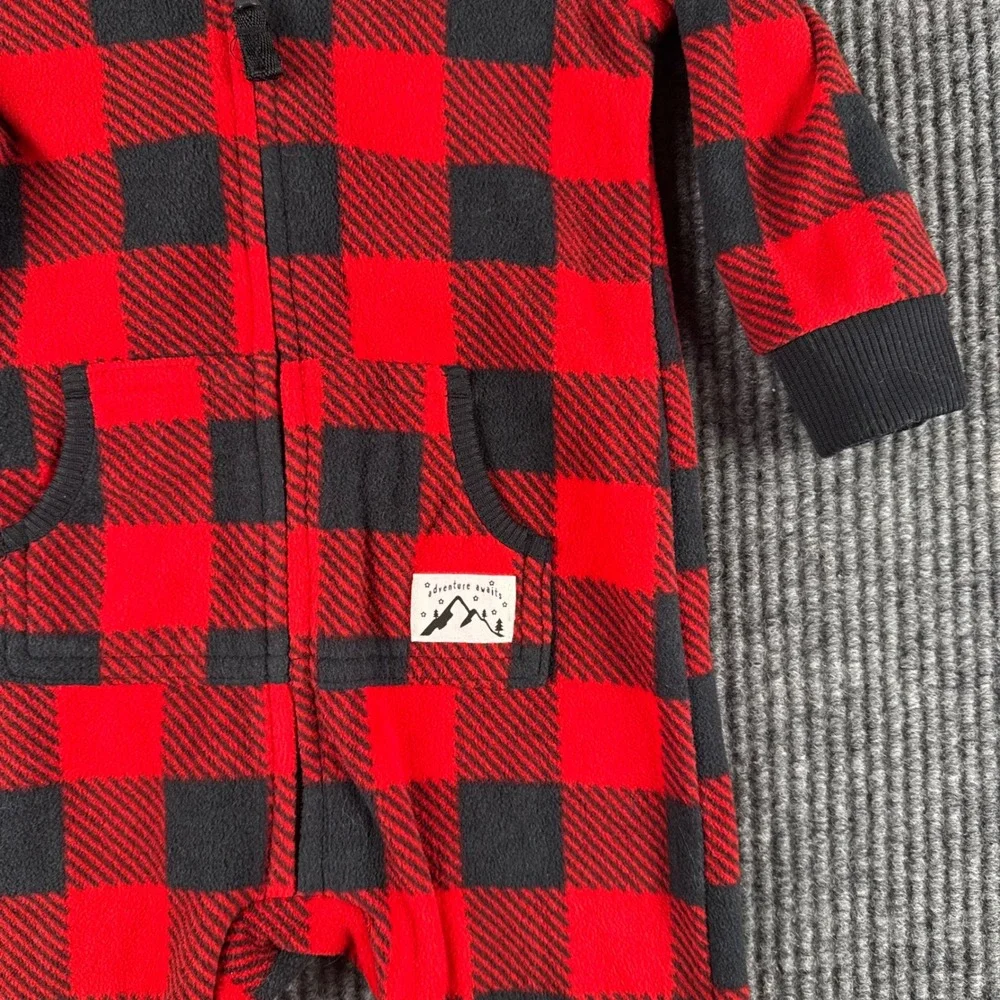 Carters Baby 12M Red Black Buffalo Plaid Fleece‎ Hooded Jumpsuit Romper 1I963610